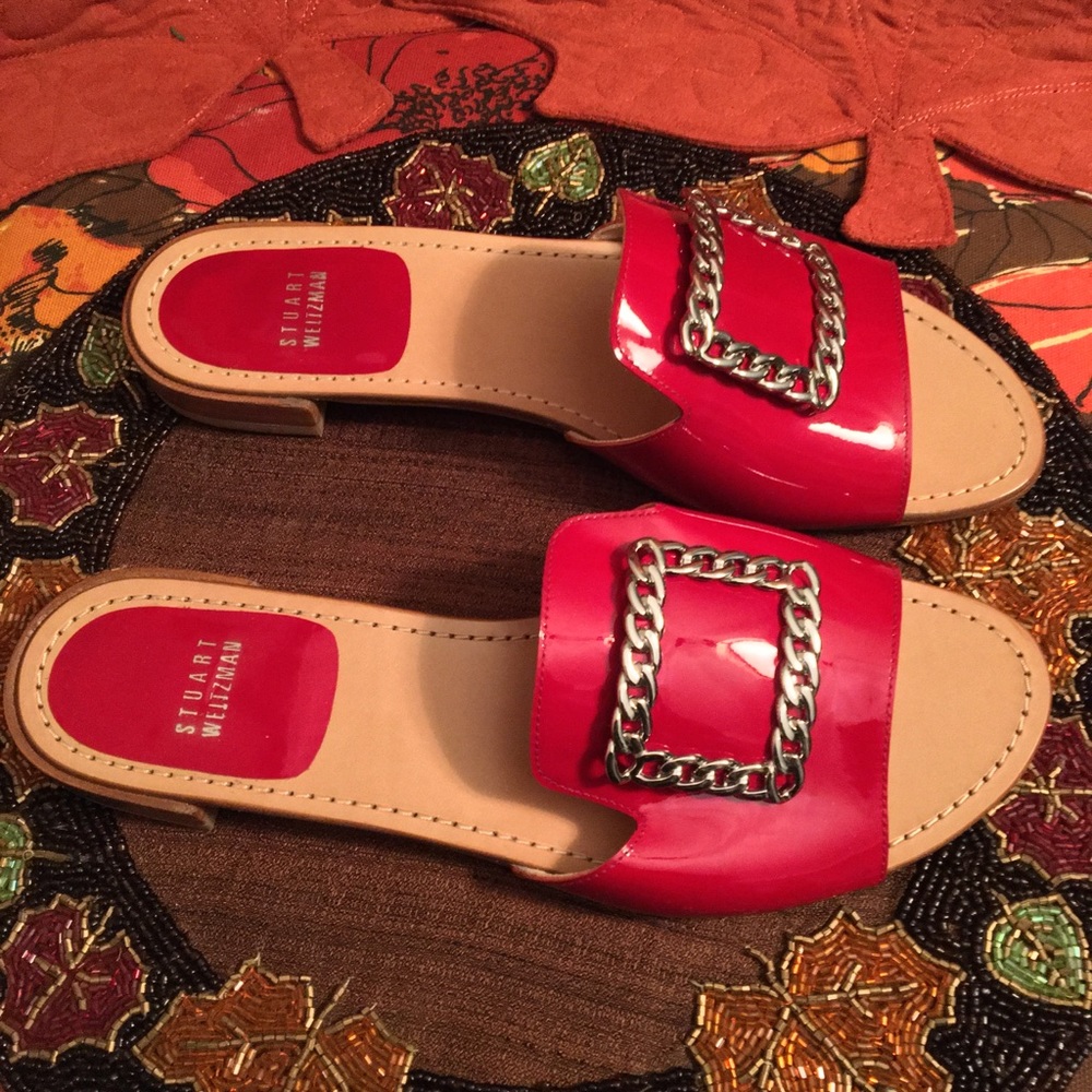 STUART WEITZMAN NIB AUTHENTIC LUXURY RED PATENT LEATHER & SILVER FLATS - Picture 9 of 17